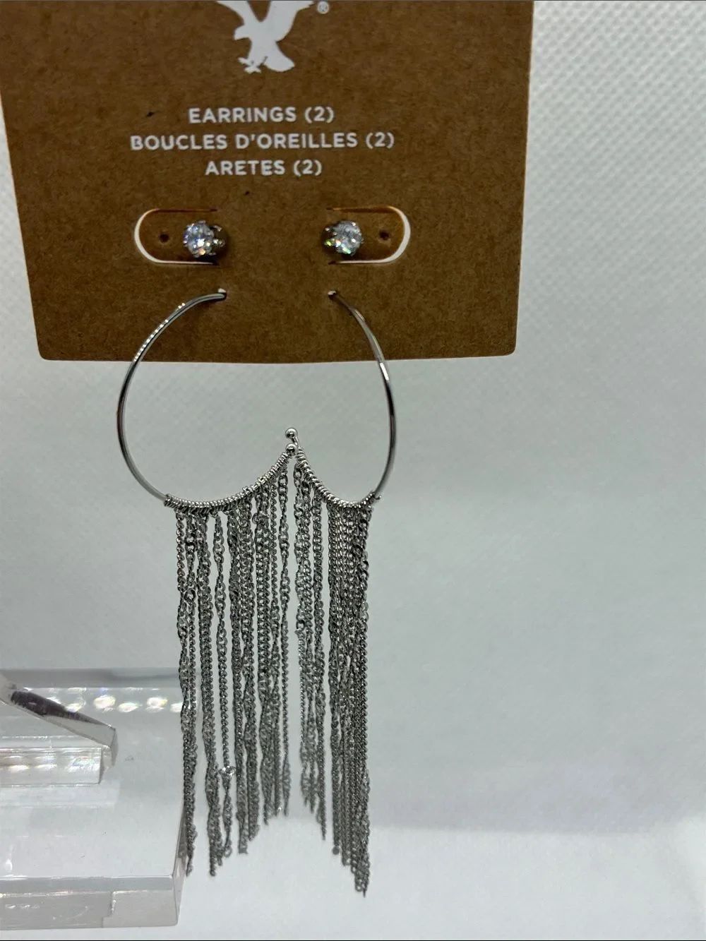 3For$20 American Eagle Silver Fringe Hoop & Crystal Stud Earring Set